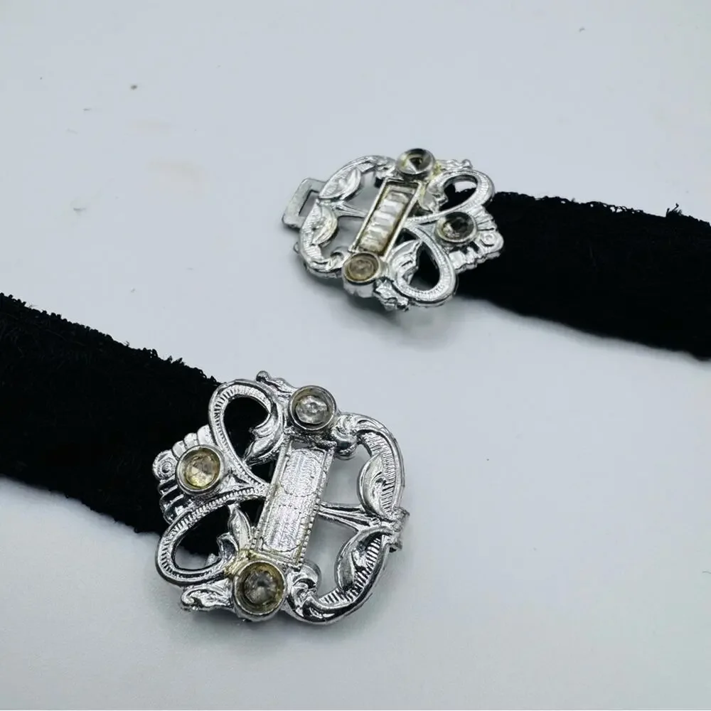 VTG WMCA Art Deco Silver Tone Belt Buckle Black Lace Belt Missing Rhinestones